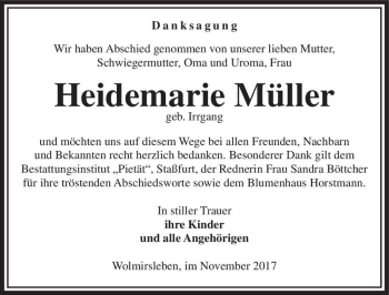 Traueranzeige von Heidemarie Müller (geb. Irrgang)  von Magdeburger Volksstimme