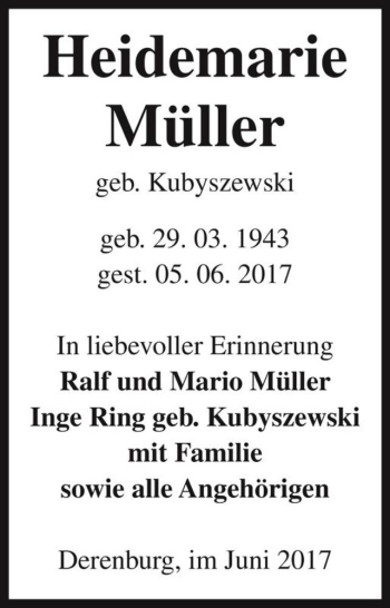 Traueranzeige von Heidemarie Müller (geb. Kubyszewski)  von Magdeburger Volksstimme