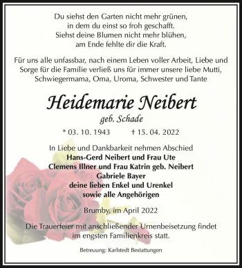 Traueranzeige von Heidemarie Neibert (geb. Schade)  von Magdeburger Volksstimme
