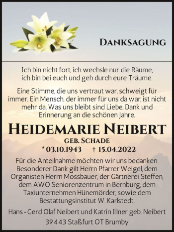 Traueranzeige von Heidemarie Neibert (geb. Schade)  von Magdeburger Volksstimme