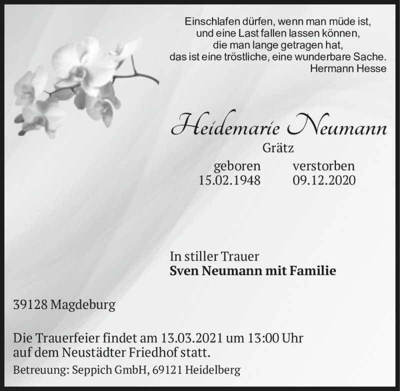  Traueranzeige für Heidemarie Neumann (geb. Grätz)  vom 06.03.2021 aus Magdeburger Volksstimme