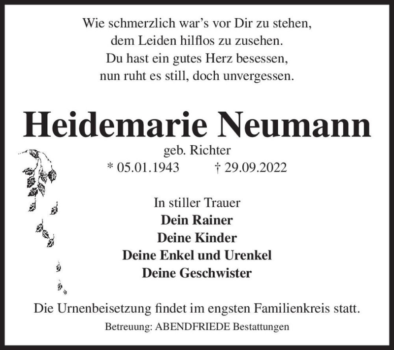  Traueranzeige für Heidemarie Neumann (geb. Richter)  vom 22.10.2022 aus Magdeburger Volksstimme