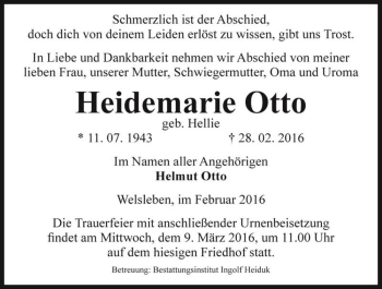 Traueranzeige von Heidemarie Otto (geb. Hellie)  von Magdeburger Volksstimme