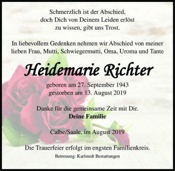 Traueranzeige von Heidemarie Richter  von Magdeburger Volksstimme