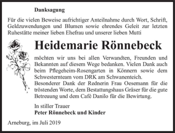 Traueranzeige von Heidemarie Rönnebeck  von Magdeburger Volksstimme