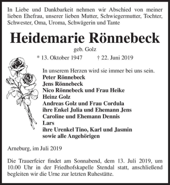Traueranzeige von Heidemarie Rönnebeck (geb. Golz)  von Magdeburger Volksstimme