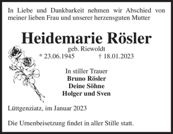 Traueranzeige von Heidemarie Rösler (geb. Riewoldt)  von Magdeburger Volksstimme