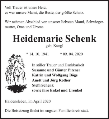 Traueranzeige von Heidemarie Schenk (geb. Kungl)  von Magdeburger Volksstimme