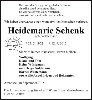 Traueranzeige von Heidemarie Schenk (geb. Wüstemann)  von Magdeburger Volksstimme