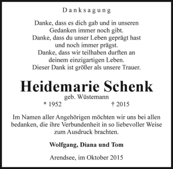 Traueranzeige von Heidemarie Schenk (geb. Wüstemann)  von Magdeburger Volksstimme