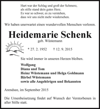Traueranzeige von Heidemarie Schenk (geb. Wüstemann)  von Magdeburger Volksstimme