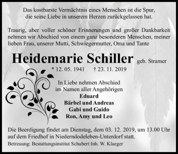Traueranzeige von Heidemarie Schiller (geb. Stramer)  von Magdeburger Volksstimme