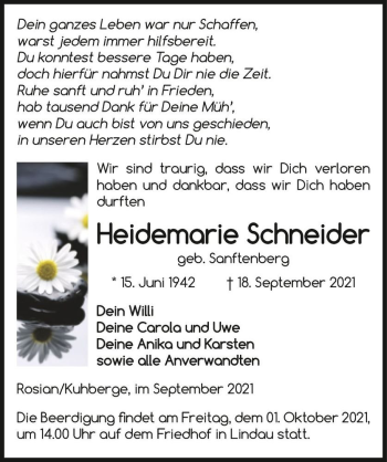 Traueranzeige von Heidemarie Schneider (geb. Sanftenberg)  von Magdeburger Volksstimme