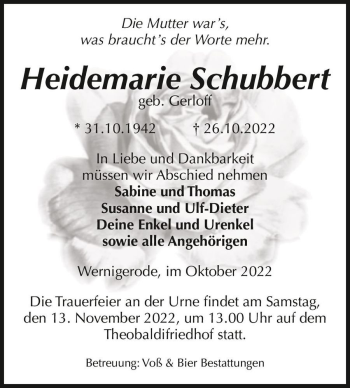 Traueranzeige von Heidemarie Schubbert (geb. Gerloff)  von Magdeburger Volksstimme