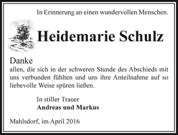 Traueranzeige von Heidemarie Schulz  von Magdeburger Volksstimme