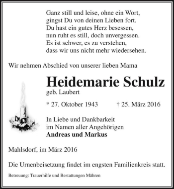Traueranzeige von Heidemarie Schulz (geb. Laubert)  von Magdeburger Volksstimme