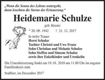 Traueranzeige von Heidemarie Schulze (geb. Kreutz)  von Magdeburger Volksstimme