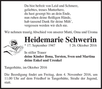 Traueranzeige von Heidemarie Schwerin  von Magdeburger Volksstimme