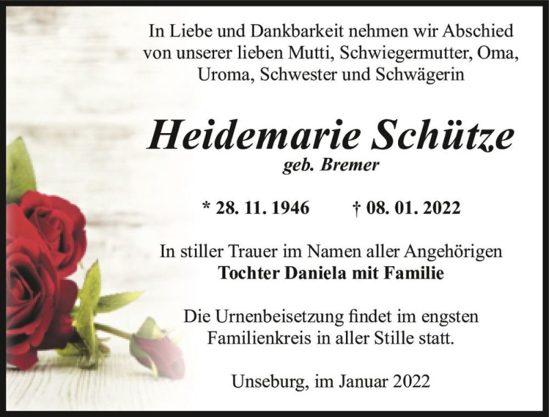  Traueranzeige für Heidemarie Schütze (geb. Bremer)  vom 15.01.2022 aus Magdeburger Volksstimme