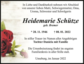 Traueranzeige von Heidemarie Schütze (geb. Bremer)  von Magdeburger Volksstimme