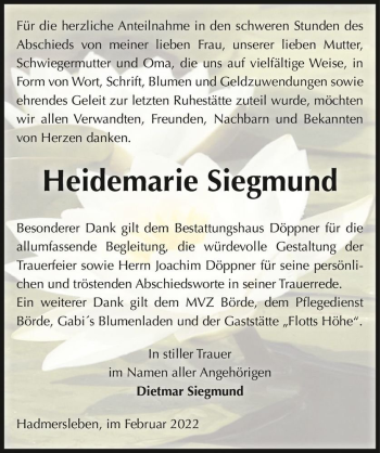 Traueranzeige von Heidemarie Siegmund  von Magdeburger Volksstimme