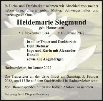 Traueranzeige von Heidemarie Siegmund (geb. Hornemann)  von Magdeburger Volksstimme