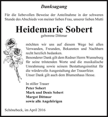 Traueranzeige von Heidemarie Sobert (geb. Dittmar)  von Magdeburger Volksstimme