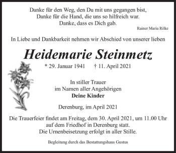 Traueranzeige von Heidemarie Steinmetz  von Magdeburger Volksstimme
