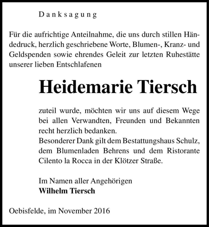  Traueranzeige für Heidemarie Tiersch  vom 10.11.2016 aus Magdeburger Volksstimme
