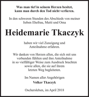 Traueranzeige von Heidemarie Tkaczyk  von Magdeburger Volksstimme