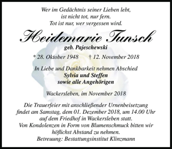 Traueranzeige von Heidemarie Tunsch (geb. Pajeschewski)  von Magdeburger Volksstimme