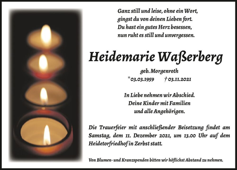  Traueranzeige für Heidemarie Waßerberg (geb. Morgenroth)  vom 20.11.2021 aus Magdeburger Volksstimme