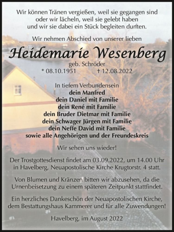 Traueranzeige von Heidemarie Wesenberg (geb. Schröder)  von Magdeburger Volksstimme