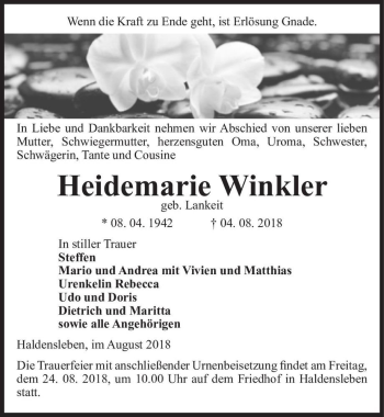Traueranzeige von Heidemarie Winkler (geb. Lankeit)  von Magdeburger Volksstimme
