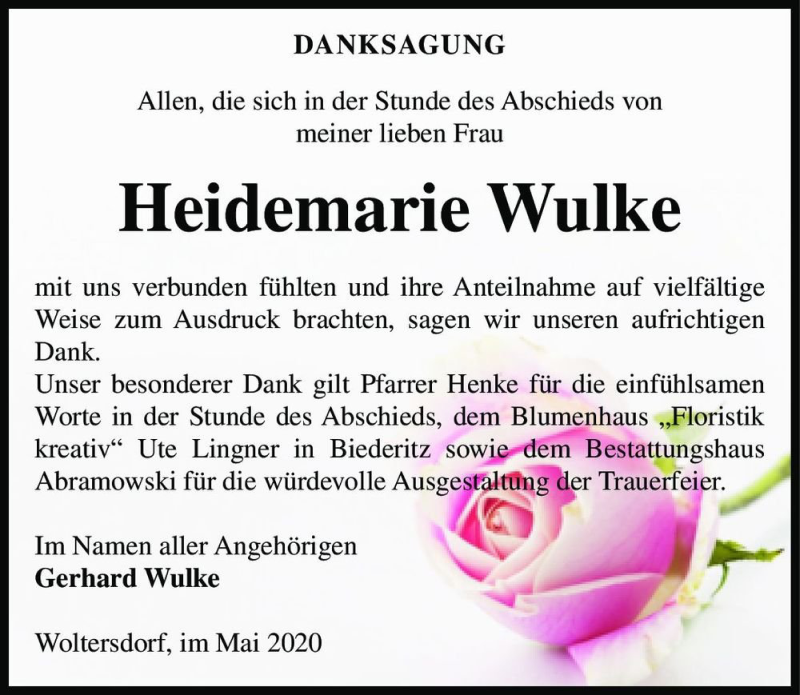  Traueranzeige für Heidemarie Wulke  vom 16.05.2020 aus Magdeburger Volksstimme