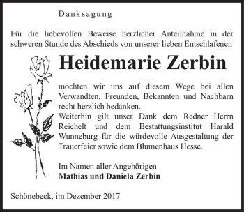 Traueranzeige von Heidemarie Zerbin  von Magdeburger Volksstimme