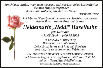 Traueranzeige von Heidemarie “Heidi“ Haselhuhn (geb. Germann)  von Magdeburger Volksstimme