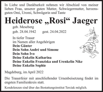 Traueranzeige von Heiderose 