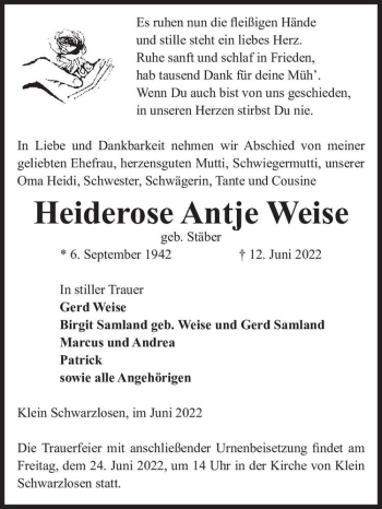 Traueranzeige von Heiderose Antje Weise (geb. Stäber)  von Magdeburger Volksstimme