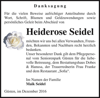 Traueranzeige von Heiderose Seidel  von Magdeburger Volksstimme