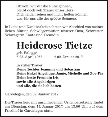 Traueranzeige von Heiderose Tietze (geb. Salogge)  von Magdeburger Volksstimme