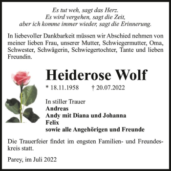 Traueranzeige von Heiderose Wolf  von Magdeburger Volksstimme