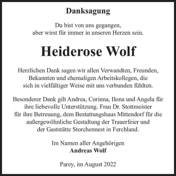 Traueranzeige von Heiderose Wolf  von Magdeburger Volksstimme