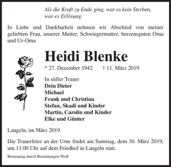 Traueranzeige von Heidi Blenke  von Magdeburger Volksstimme