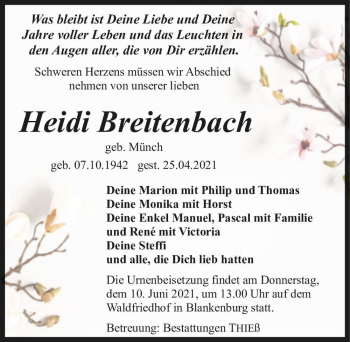 Traueranzeige von Heidi Breitenbach (geb. Münch)  von Magdeburger Volksstimme