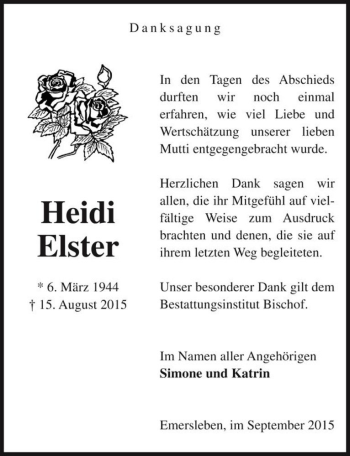 Traueranzeige von Heidi Elster  von Magdeburger Volksstimme