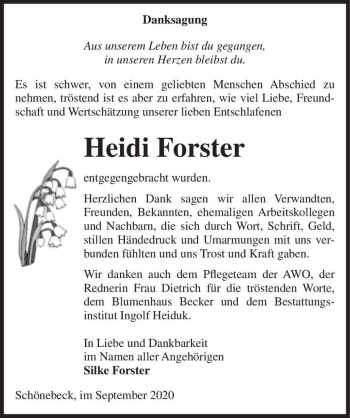 Traueranzeige von Heidi Forster  von Magdeburger Volksstimme