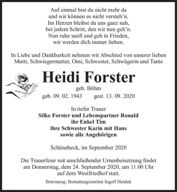 Traueranzeige von Heidi Forster (geb. Böhm)  von Magdeburger Volksstimme