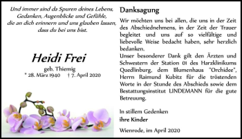 Traueranzeige von Heidi Frei (geb. Thiemig)  von Magdeburger Volksstimme