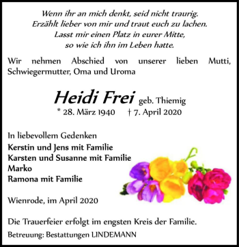 Traueranzeige von Heidi Frei (geb. Thiemig)  von Magdeburger Volksstimme